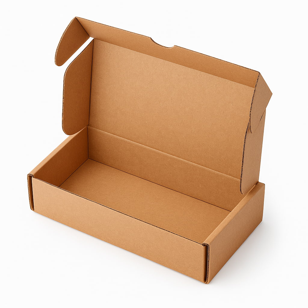 Cajita postal automontable de cartón marrón kraft 16x10x5 cm, robusta y resistente para envíos postales, ecommerce o pequeños productos.