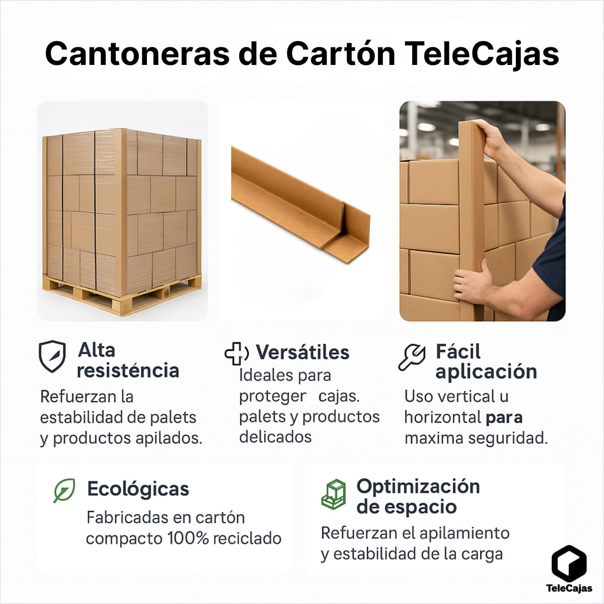 Infografía profesional de cantoneras de cartón para palets y embalaje, resistentes, ecológicas y fáciles de aplicar
