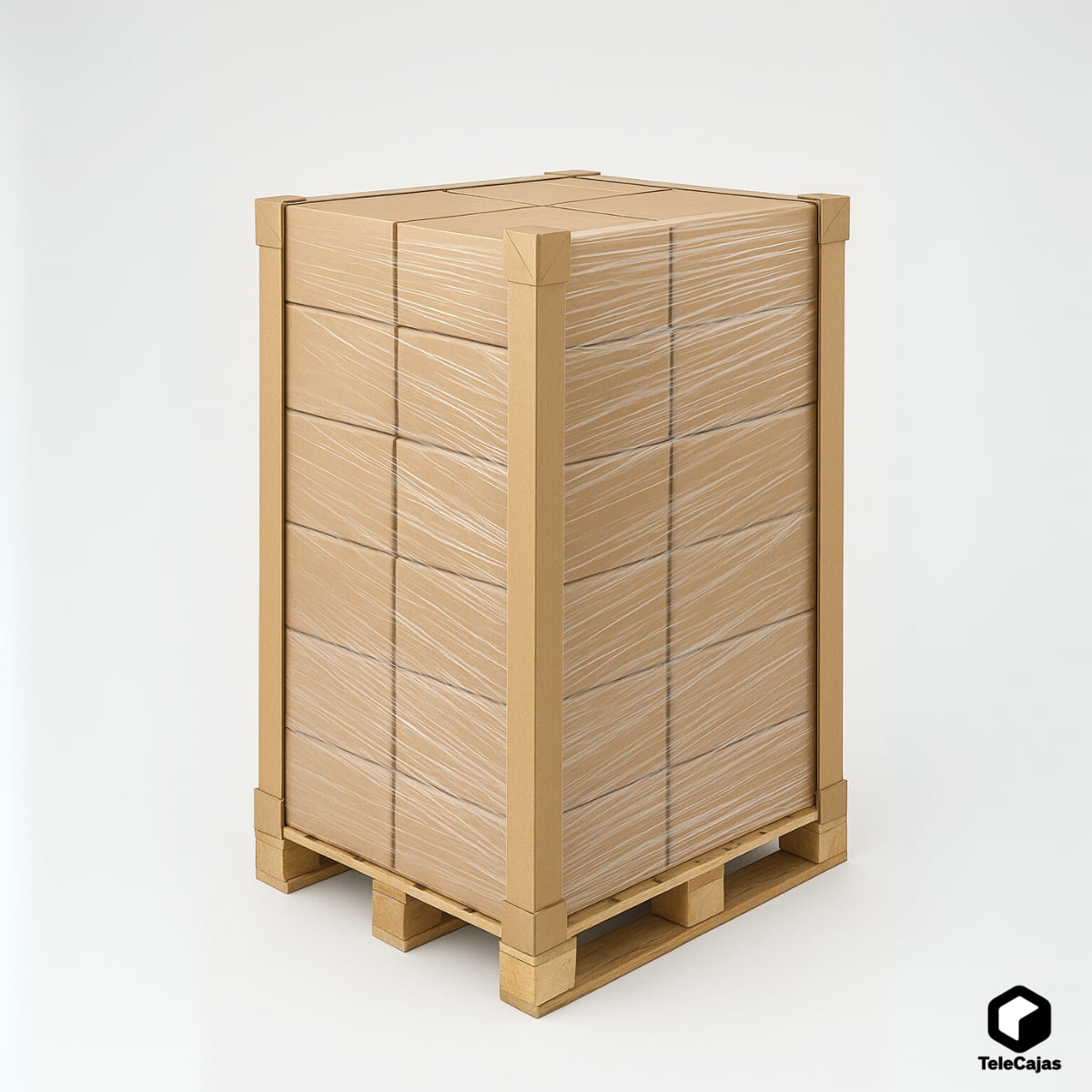 Pallet de madera con cajas de cartón envueltas en film y cantoneras protectores de esquinas