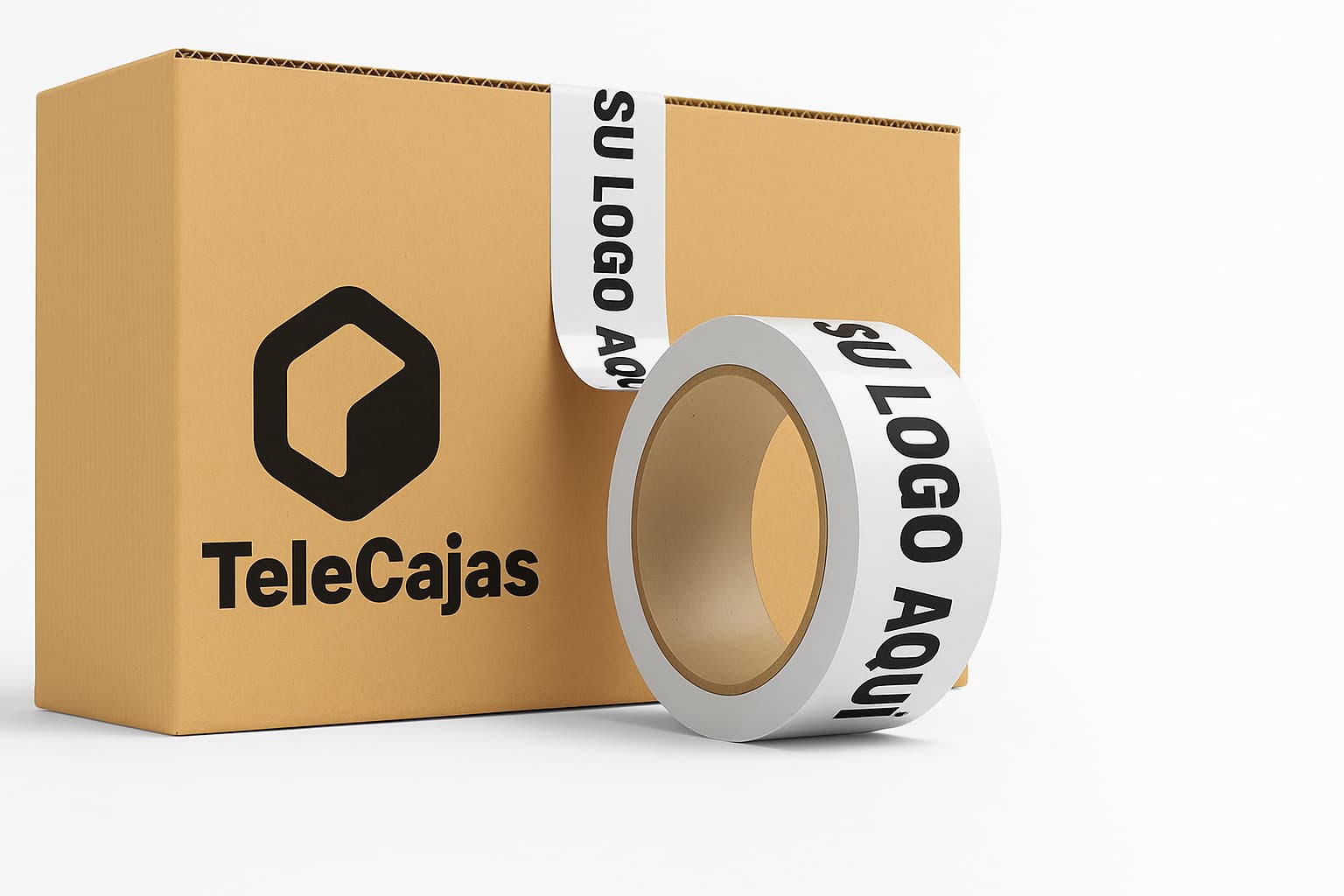 Cinta adhesiva blanca personalizada con el texto 'Su logo aquí', ideal para cerrar cajas de cartón con imagen de marca.