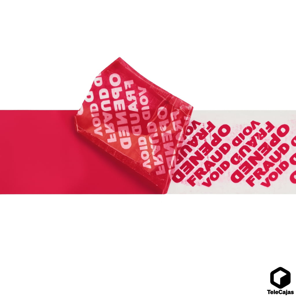 Cinta adhesiva de seguridad inviolable de color rojo, con mensaje de apertura “OPENED/VOID”, diseñada para sellar cajas y evidenciar manipulaciones.
