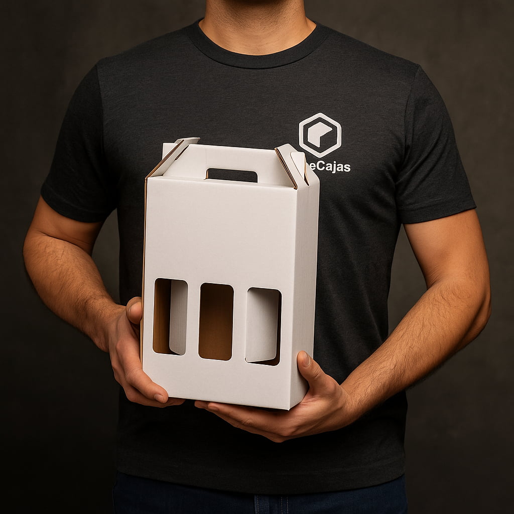 Estuche automontable de cartón blanco para 3 botellas de vino con asas, ideal para regalos, packaging elegante y seguro.
