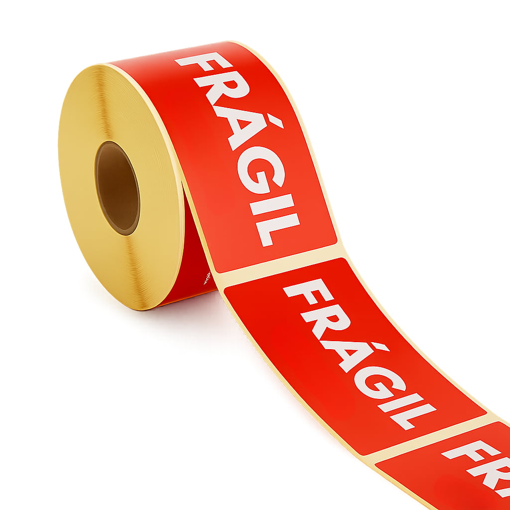 Rollo Etiquetas adhesivas rojas Frágil 10x5 cm para advertencia y visibilidad en paquetes de envíos y almacenaje.
