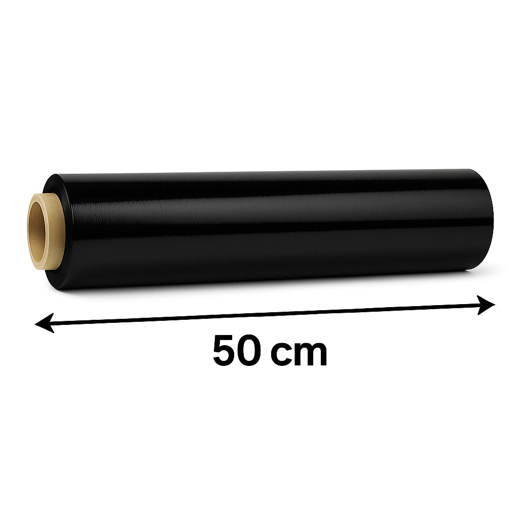 Film negro de paletizar opaco y resistente ideal para proteger palets, ocultar el contenido y asegurar la carga durante el transporte, 50 cm de ancho