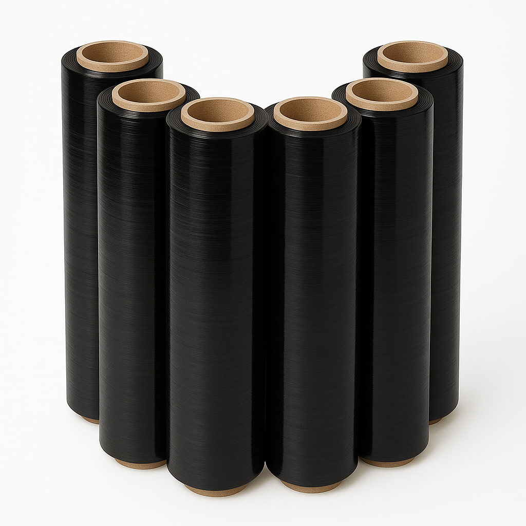 Film negro de paletizar opaco y resistente ideal para proteger palets, ocultar el contenido y asegurar la carga durante el transporte.