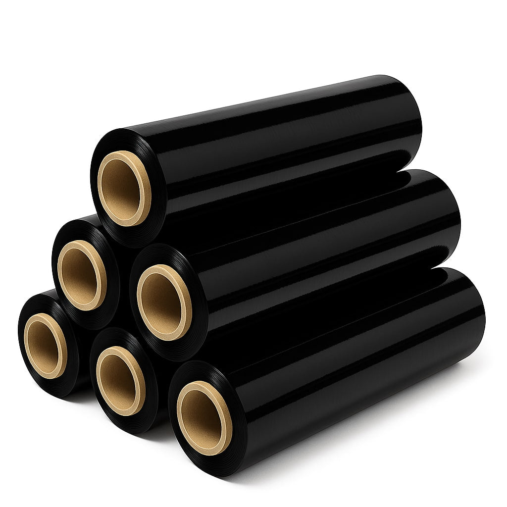 Film negro de paletizar opaco y resistente ideal para proteger palets, ocultar el contenido y asegurar la carga durante el transporte.