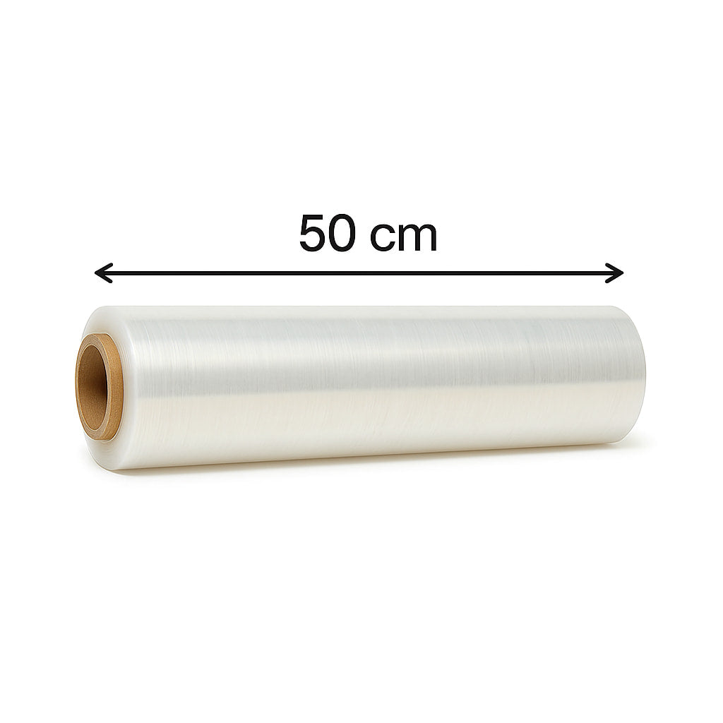 Film transparente de paletizar estirable, ideal para proteger, fijar y estabilizar mercancías en palets durante el transporte y almacenamiento, 50 cm de ancho