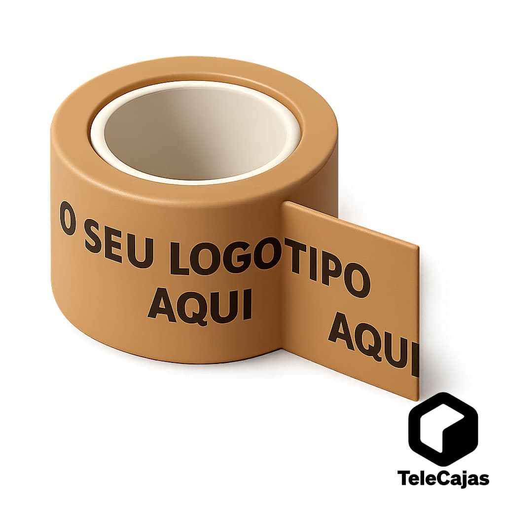 Rolo de fita adesiva castanha personalizada com o texto 'O seu logotipo aqui', ideal para fechar caixas e destacar a sua marca.