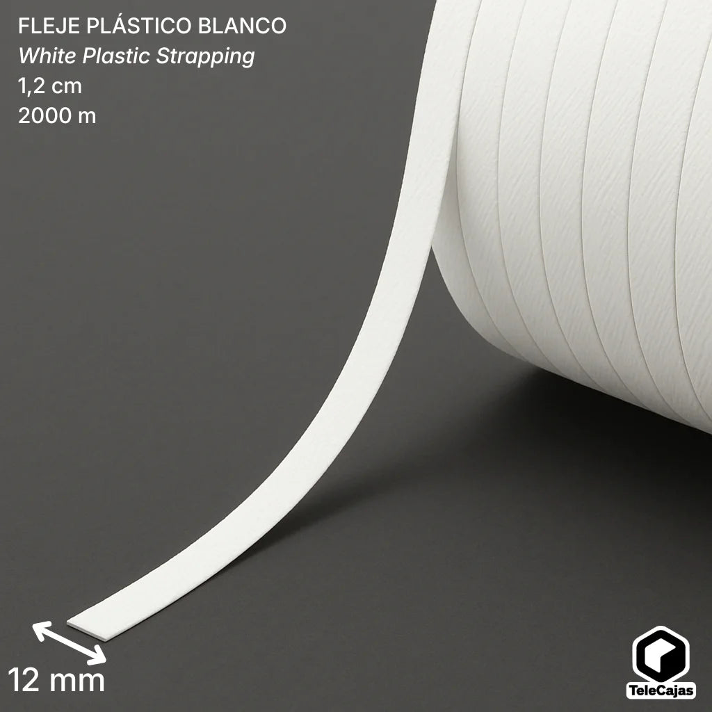 Bobina de Fleje plástico blanco de polipropileno 12 mm x 2000 m, resistente para embalaje, flejado y paletizado.