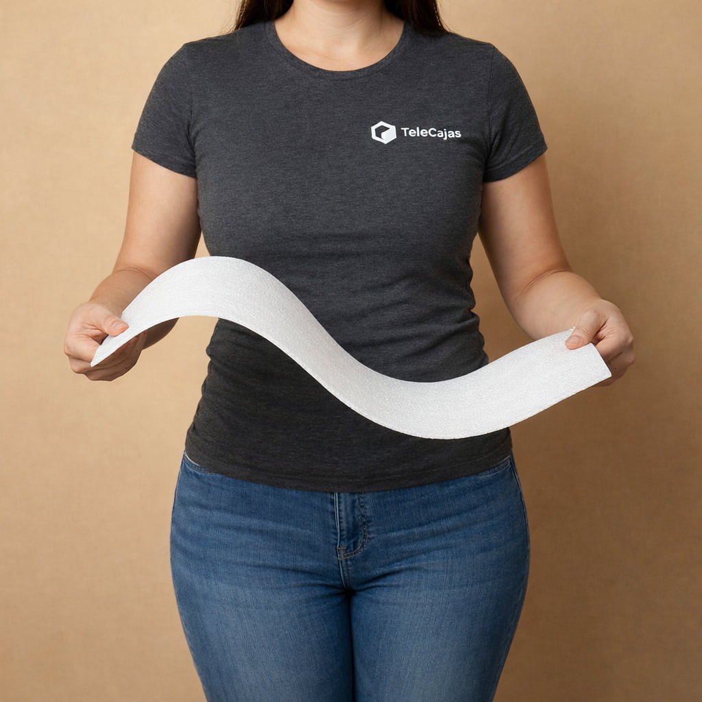 Mujer con lamina de Foam blanco, fabricado en espuma de polietileno para embalaje y protección.