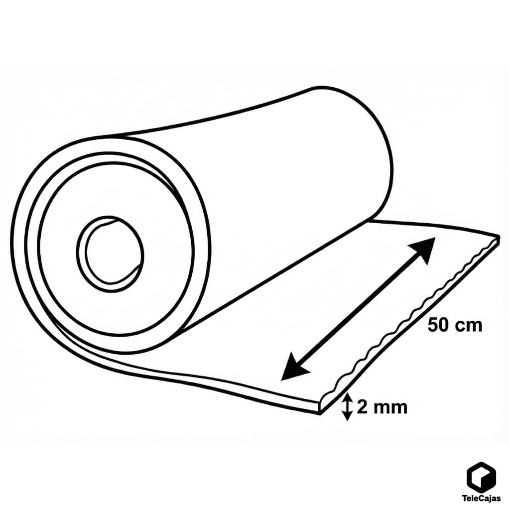 Foam en rollo de 2 mm, medidas 50 cm x 10 m, fabricado en espuma de polietileno para embalaje y protección.