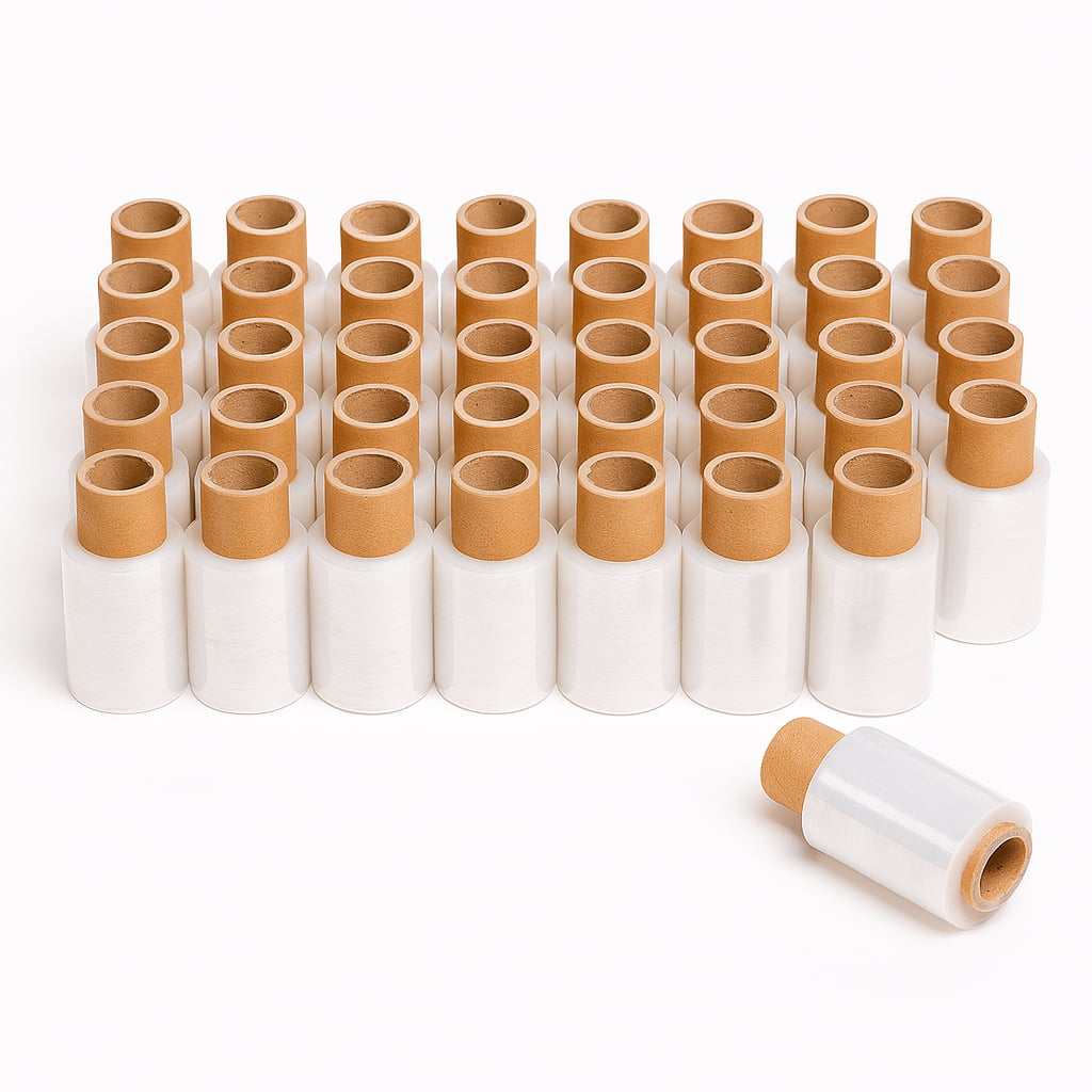 Rollos MiniFilm estirable transparente con anilla larga, perfecto para embalar productos pequeños, agrupar objetos o evitar desplazamientos en envíos. Este film manual es una alternativa versátil y ecológica al plástico convencional, ideal para packaging de ecommerce, mudanzas o protección logística. Su formato compacto lo hace práctico para talleres, oficinas o uso doméstico.