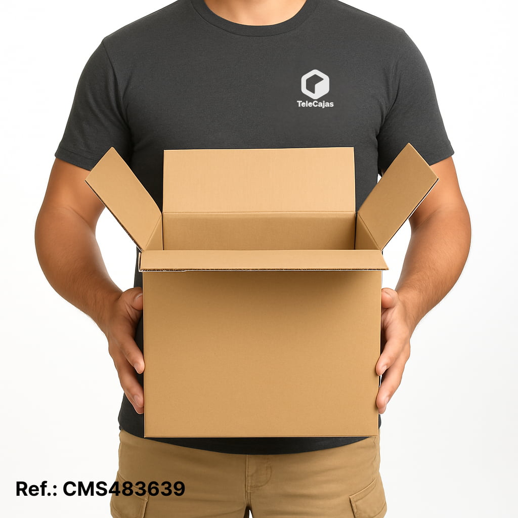 Modelo con Caja de cartón marrón canal simple medidas 48x36
x39,2 cm, resistente para embalaje, mudanzas o almacenaje profesional.