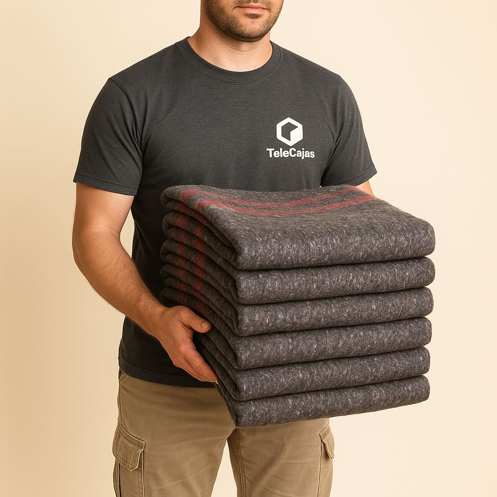Hombre con Manta de mudanza 200x140 cm, gruesa 350 g/m², multiusos para protección, mascotas y yoga.