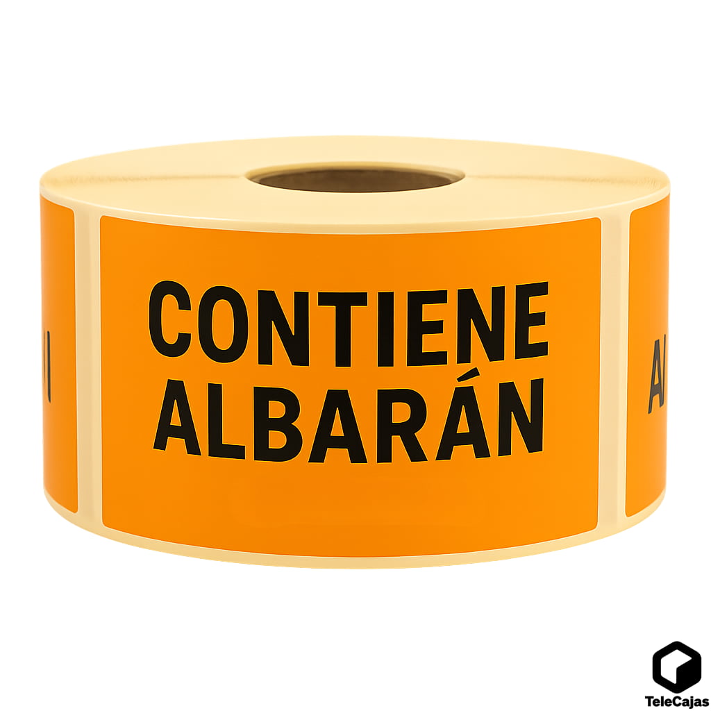 Rollo Pegatina adhesiva rectangular naranja con el texto en negro 'CONTIENE ALBARÁN', utilizada para señalizar paquetes con documentación