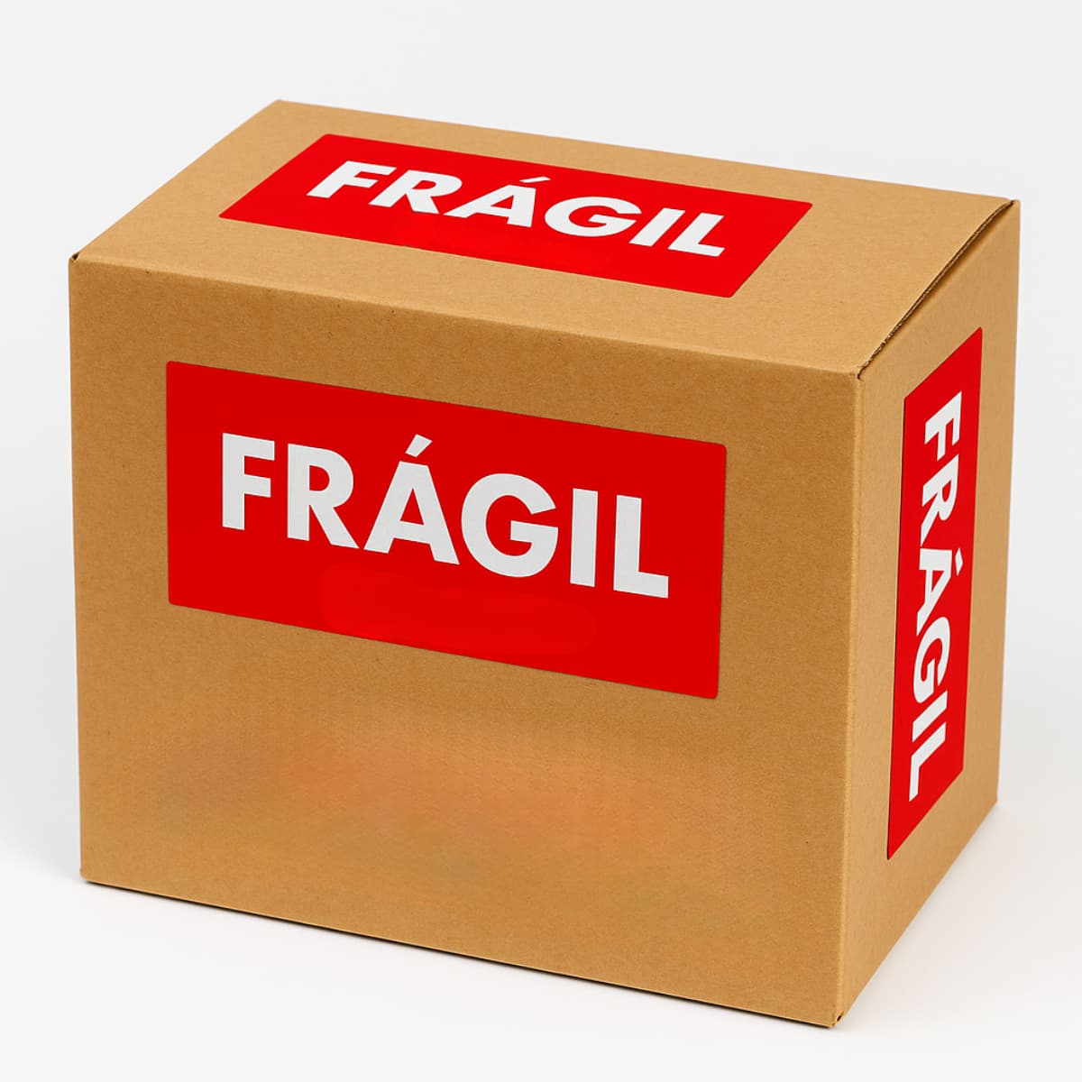 Caja de cartón marrón con varias pegatinas rojas de “FRÁGIL” en sus caras, utilizada para indicar mercancía delicada.
