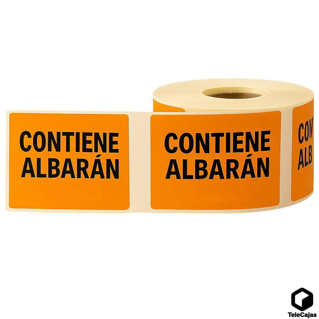 Pegatina adhesiva rectangular naranja con el texto en negro 'CONTIENE ALBARÁN', utilizada para señalizar paquetes con documentación