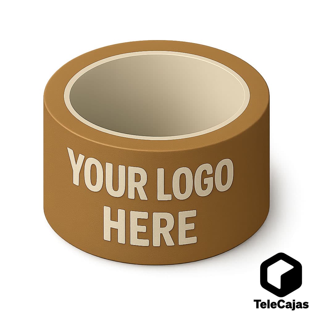 Brown custom adhesive tape with the text 'Your Logo Here', ideal for sealing boxes while showcasing your brand.