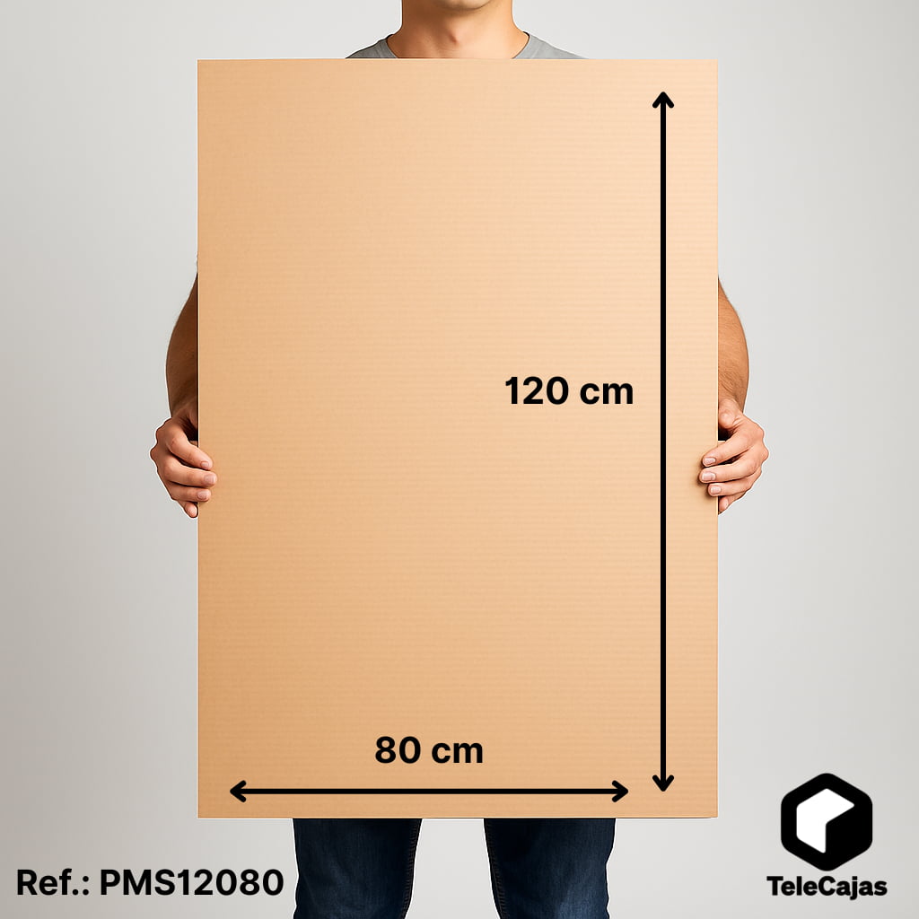 Plancha de cartón ondulado marrón kraft de gran formato, tamaño 120x80 cm. superficie palet europeo. Perfecta para manualidades escolares, proyectos creativos, protección de superficies o embalaje a medida. Este packaging ecológico está fabricado con cartón reciclado, es resistente y ligero, ideal también para decoración DIY o refuerzos estructurales en cajas de envío.