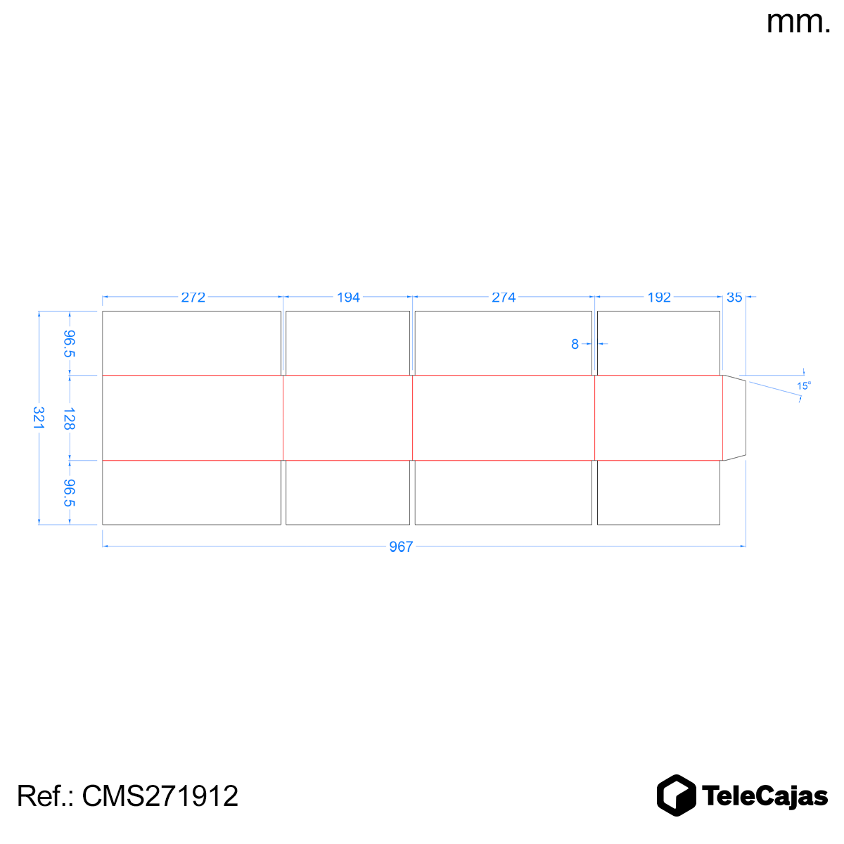 plano acotado Cajita de embalaje económica de cartón marrón con solapas, tamaño interior 27x19x12 cm, económica y funcional para envíos ecommerce o almacenaje doméstico. Fabricada en canal simple.