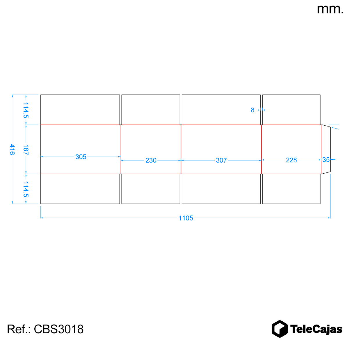 plano acotado caja 305x228x183 mm blanca telecajas