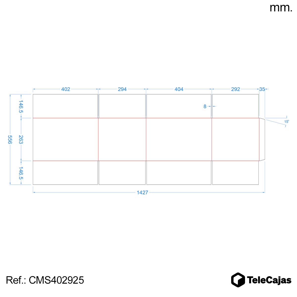 plano acotado caja 40x29x25,5 cm telecajas Caja de embalaje resistente de canal simple en color marrón kraft, con medidas interiores de 40x29x25,5 cm. Perfecta para envíos ecommerce, mudanzas o almacenaje de objetos alargados. Packaging ecológico fabricado en cartón reciclado, sin asas ni impresiones para mayor discreción