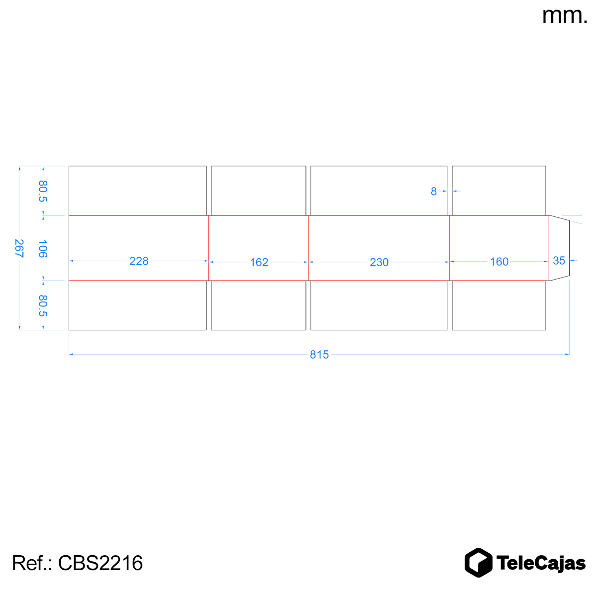 plano acotado Cajita de embalaje pequeña y robusta de 228x160x102 mm en color blanca interior y exterior. Perfecta para packaging ecológico de productos ligeros, envíos por mensajería o protección de objetos delicados. Fabricada en cartón reciclado de can