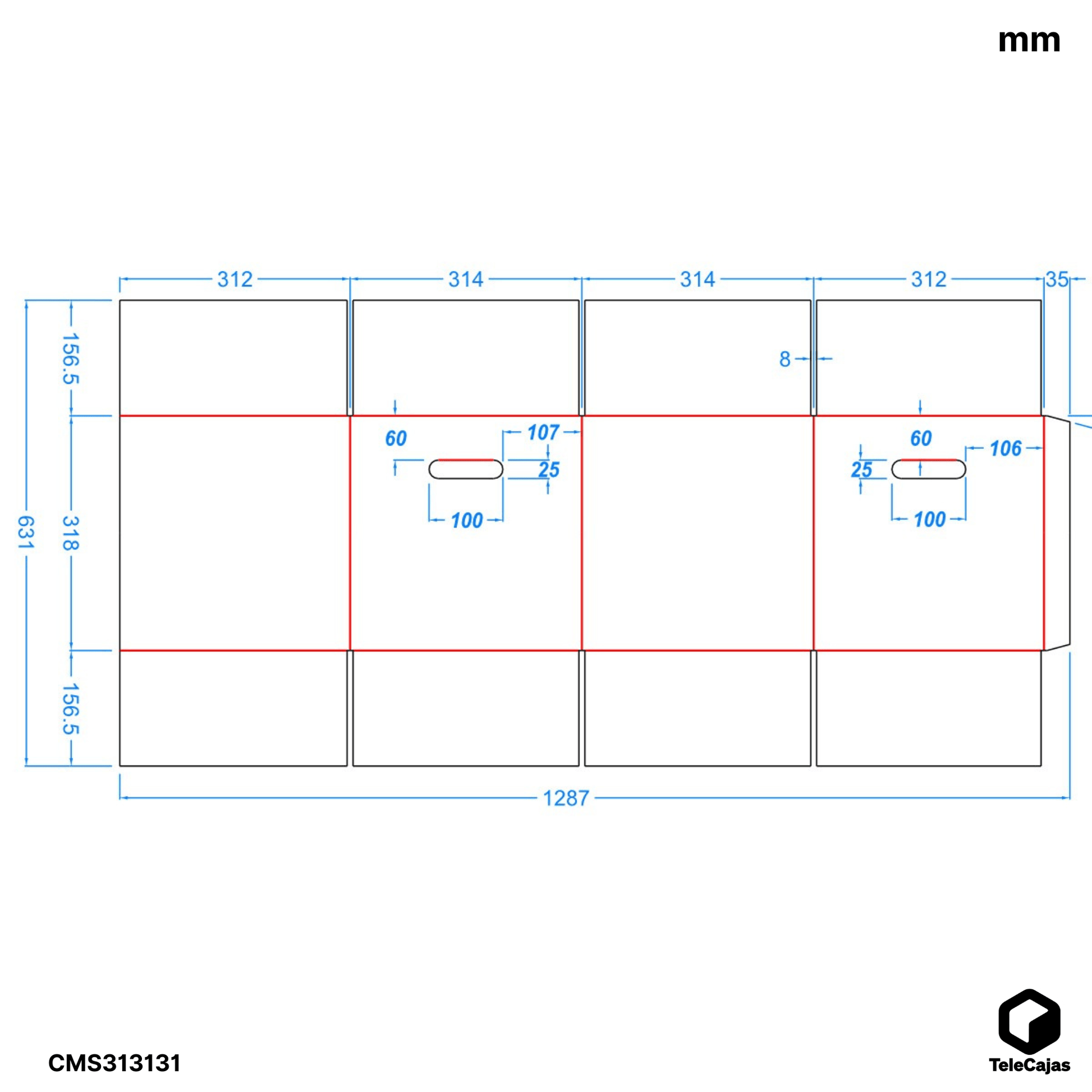 Plano acotado caja de cartón cuadrada de 31×31×31 cm con asas laterales