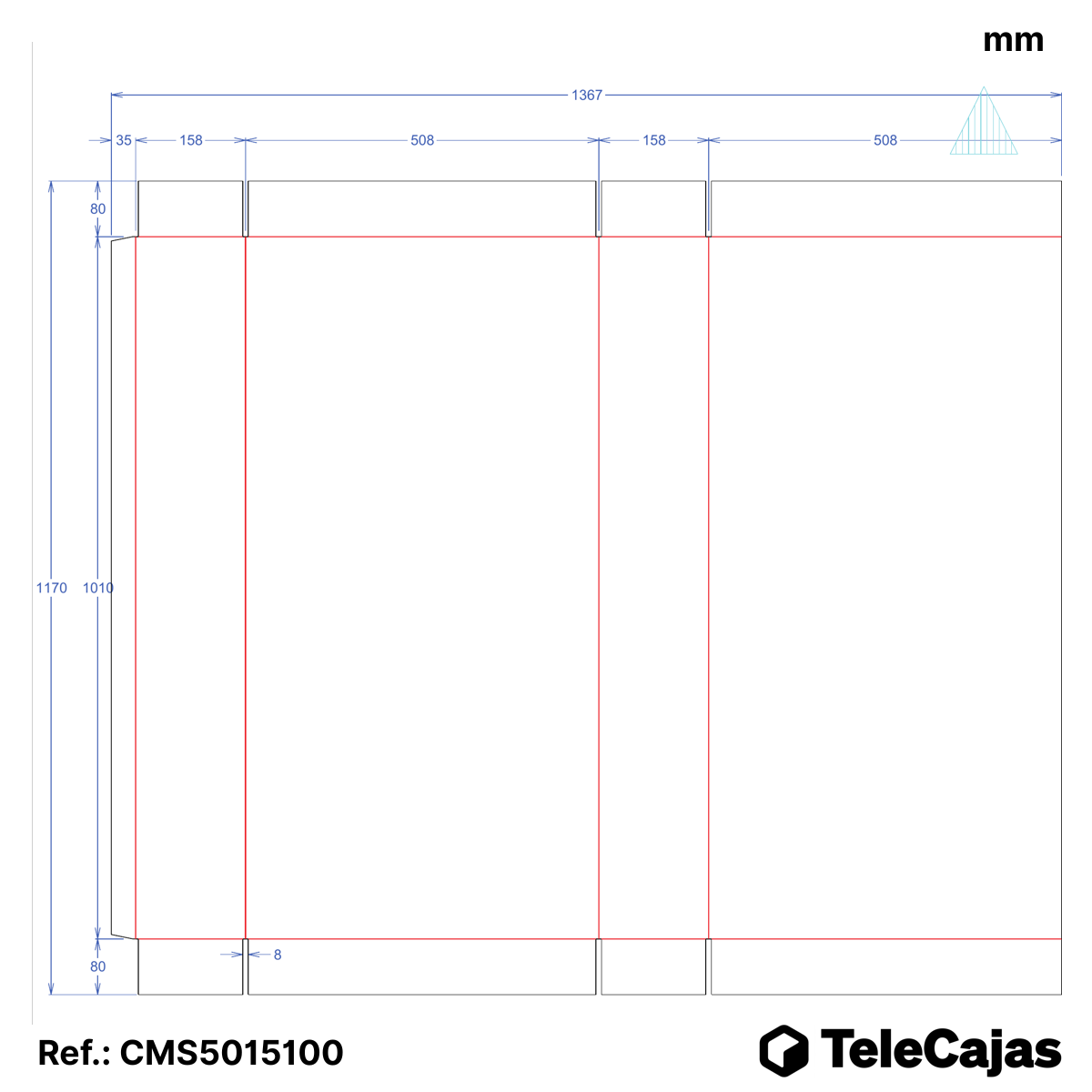 Plano acotado Caja alta rectangular de cartón ondulado 50x15x100 cm, resistente y ecológica para envíos y almacenaje de productos largos.