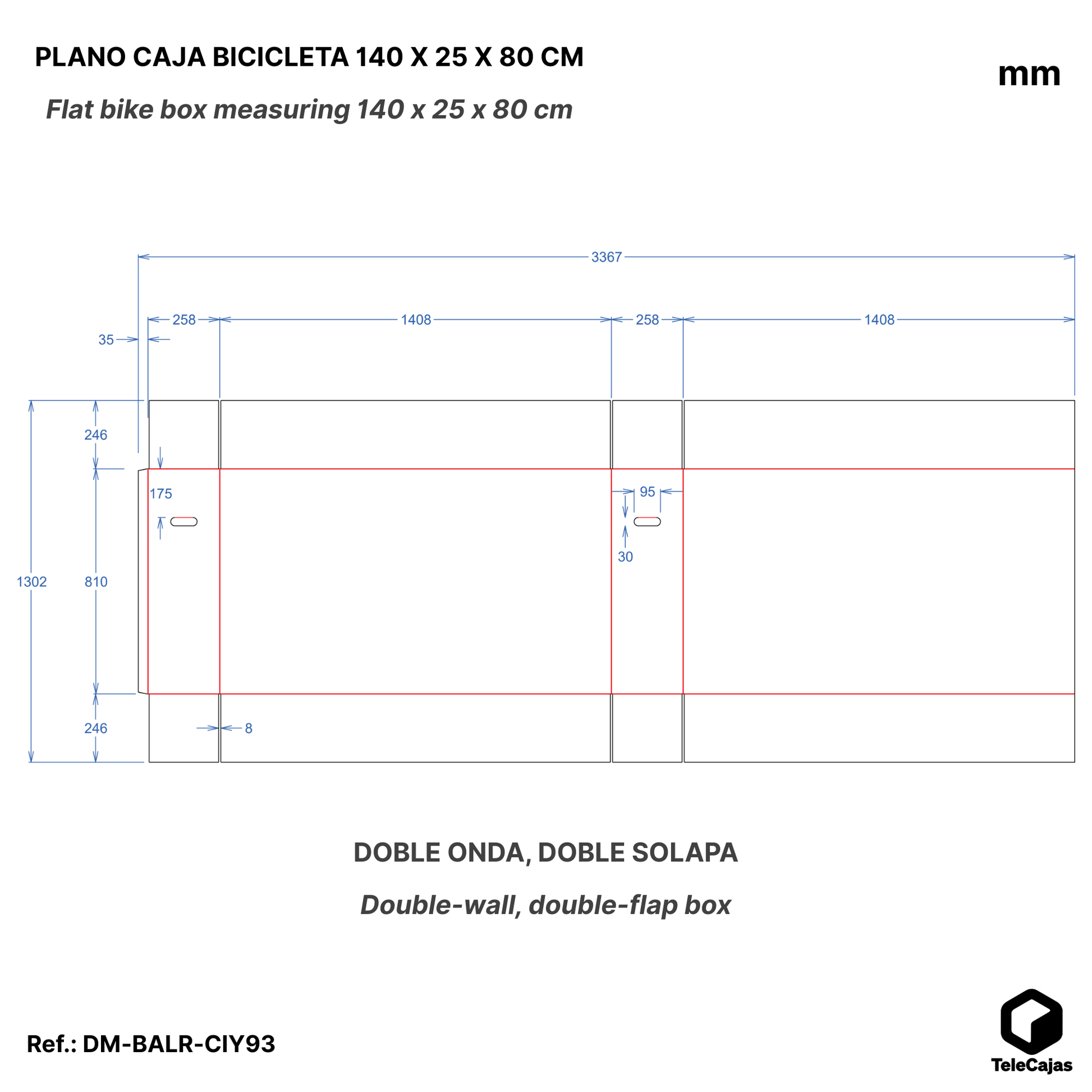 Plano acotado Caja de cartón robusta para bicicleta 140x25x80 cm con asas, doble onda y solapa doble, ideal para envíos y transporte seguro.