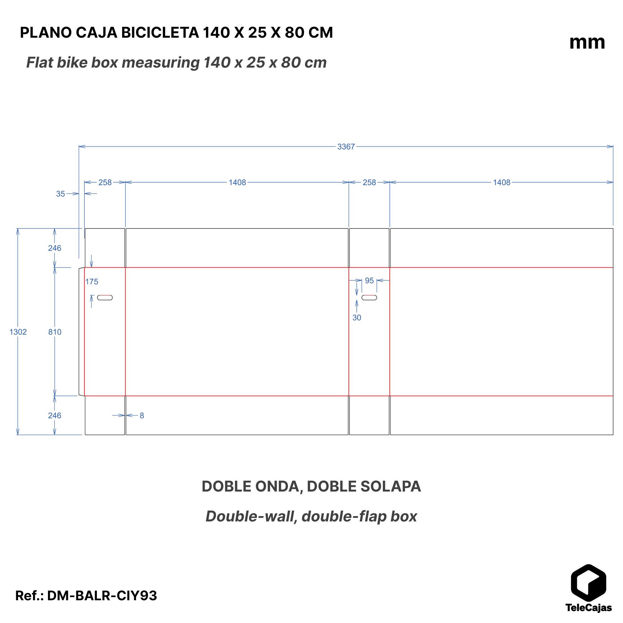 Plano acotado Caja de cartón robusta para bicicleta 140x25x80 cm con asas, doble onda y solapa doble, ideal para envíos y transporte seguro.