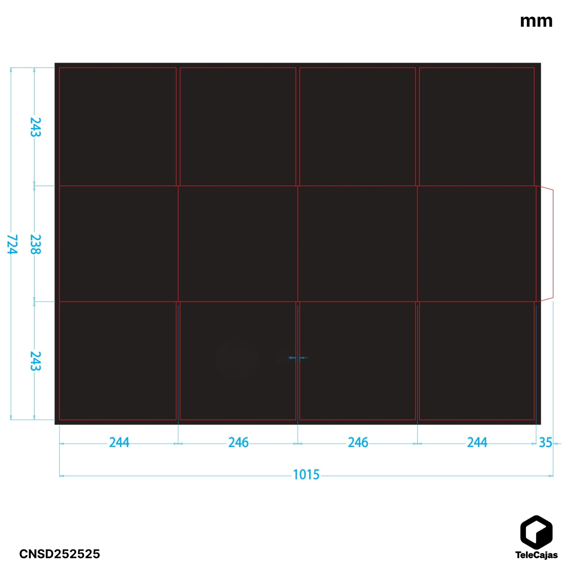 Plano acotado Caja de cartón negra 25x25x25 cm interiores, doble solapas, sin asas