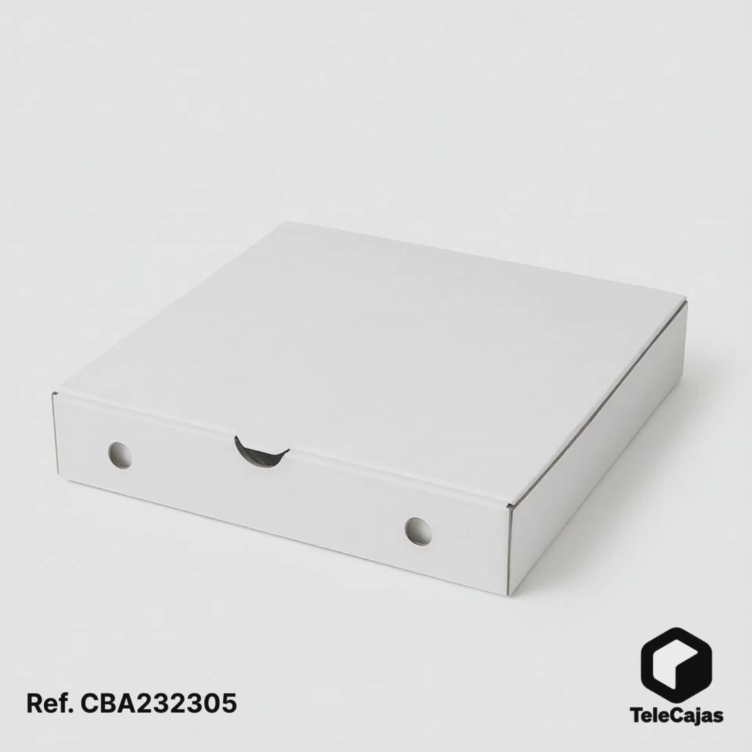 Video Caja de embalaje blanca y anónima de medida 23x23x5 cm, perfecta para transportar tortillas españolas u otros platos preparados como empanadas. Packaging alimentario resistente, sin impresiones cerrada, fabricado en cartón reciclado. Ideal para hostelería, comida para llevar, eventos o catering.