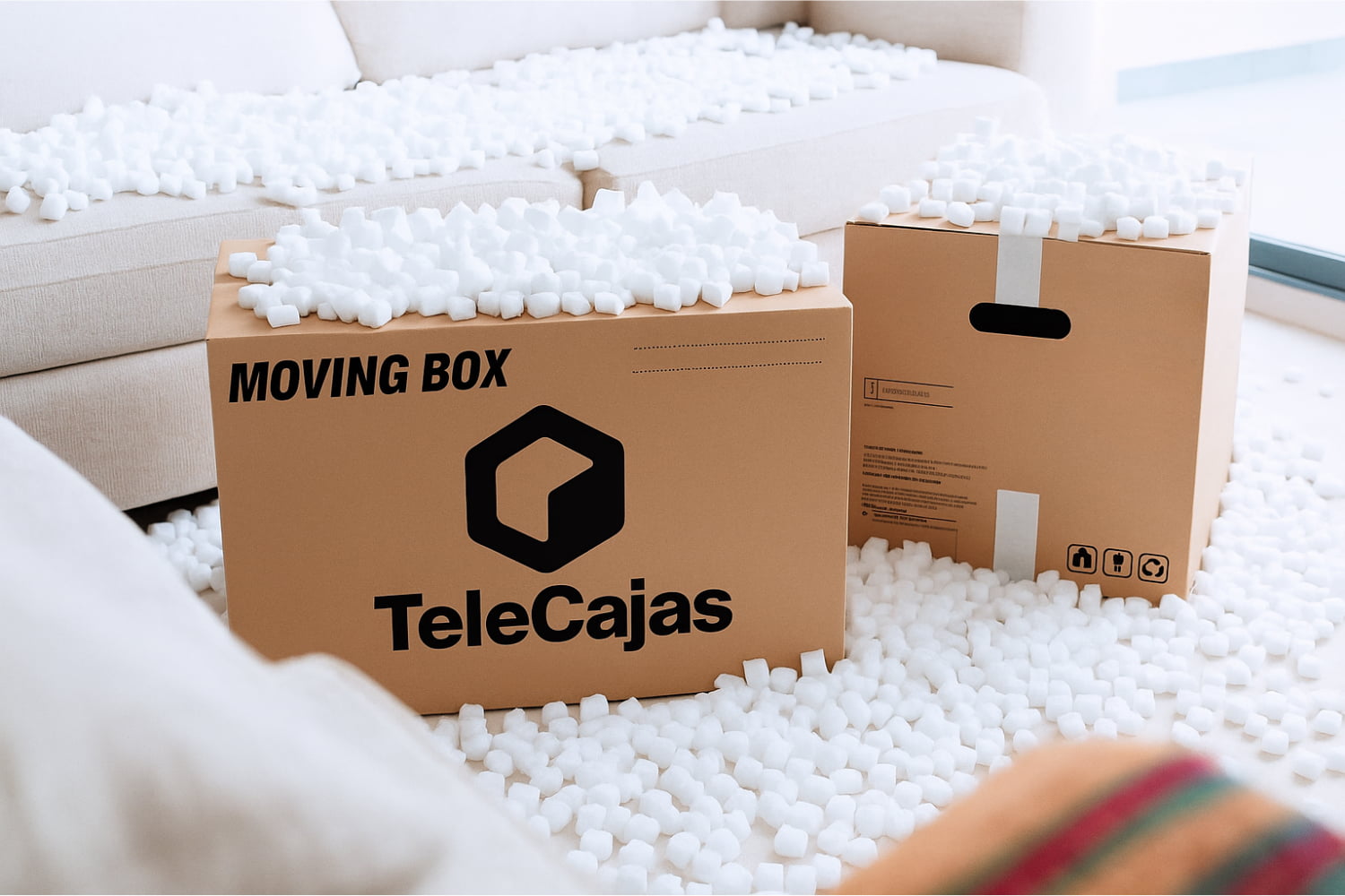 Cajas con Tacos de poliestireno expandido en forma de cubos o cuadradillos, perfectos para rellenar huecos y proteger productos frágiles durante el transporte.