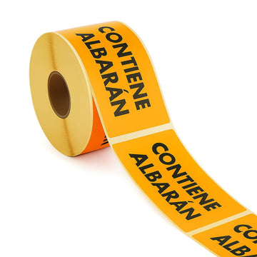 Rollo Pegatina adhesiva rectangular naranja con el texto en negro 'CONTIENE ALBARÁN', utilizada para señalizar paquetes con documentación