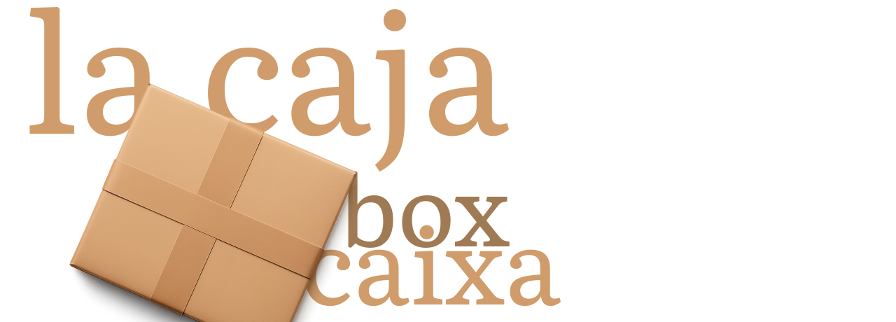 Caja de cartón ecológica en primer plano, con las palabras ‘la caja’, ‘box’ y ‘caixa’ en diferentes idiomas, representando embalaje versátil para todo tipo de envíosslider_item_3rirLN