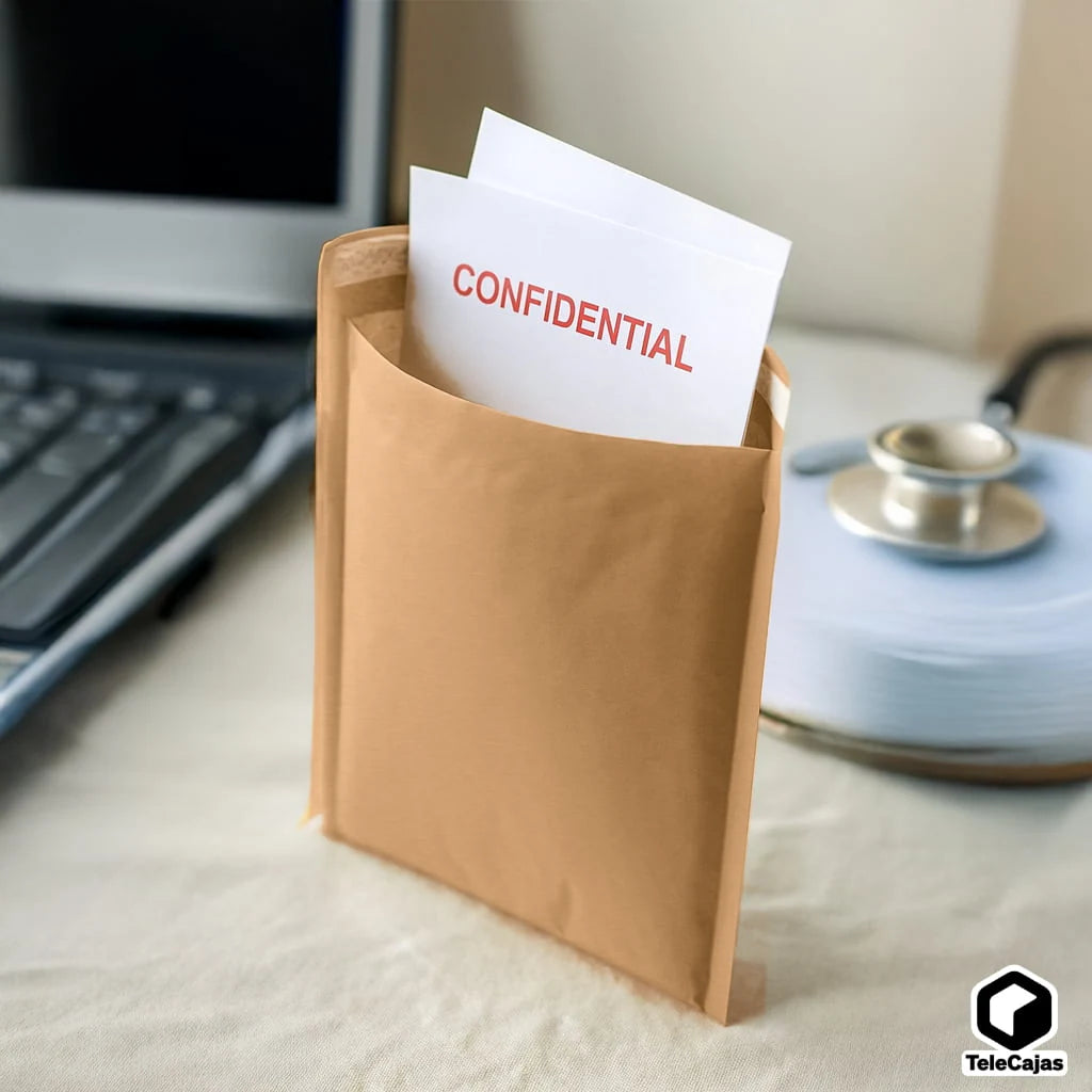 Sobre acolchado marrón kraft con documento confidencial parcialmente visible sobre un escritorio junto a un ordenador de una consulta medica