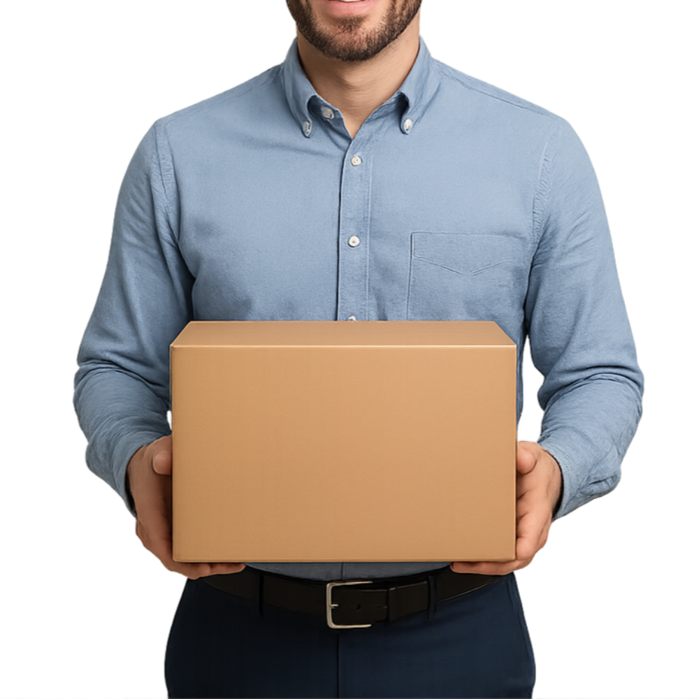 un hombre con una caja de carton en sus manos, fondo transparente png