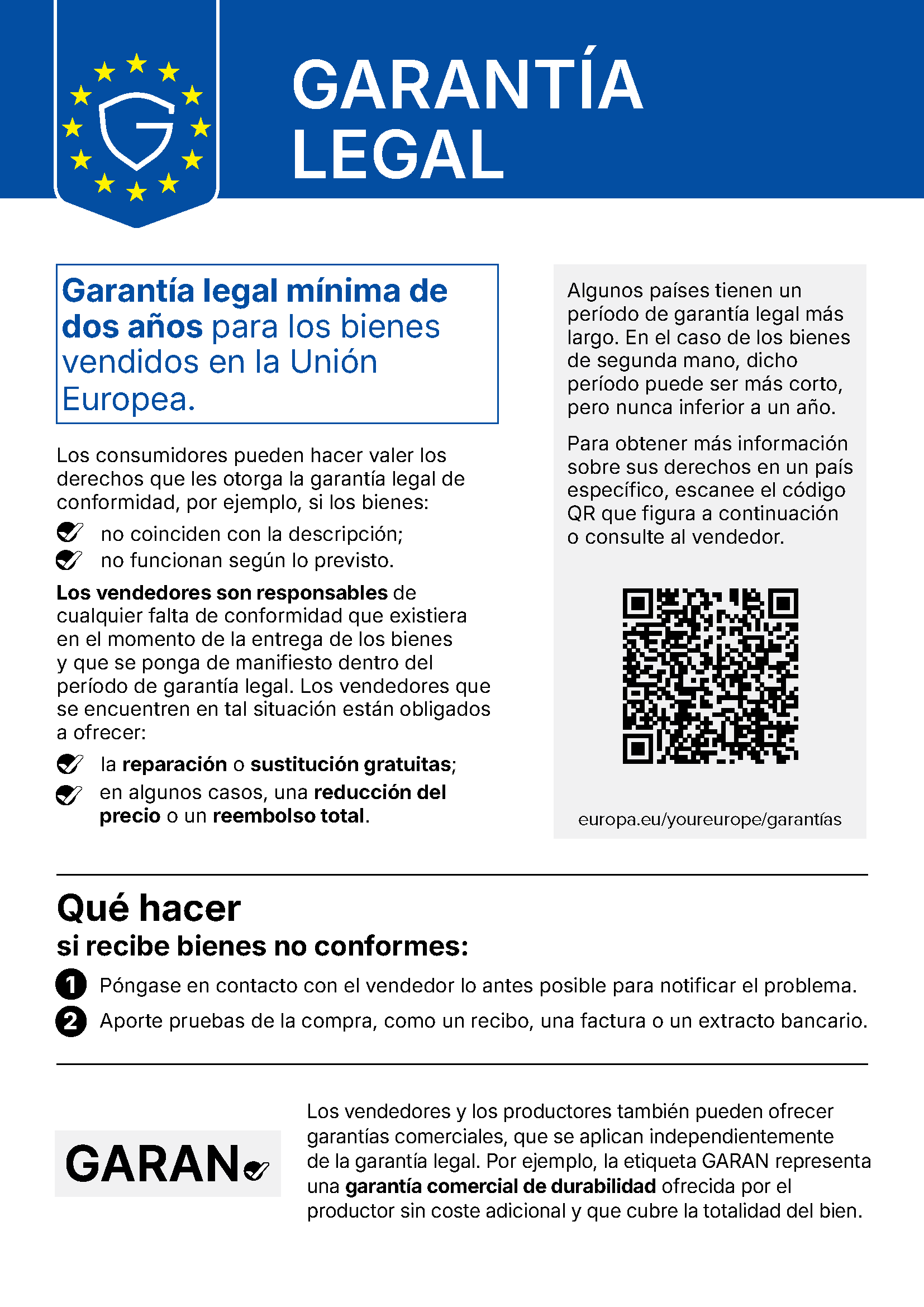 Aviso de la UE sobre la garantía legal de conformidad